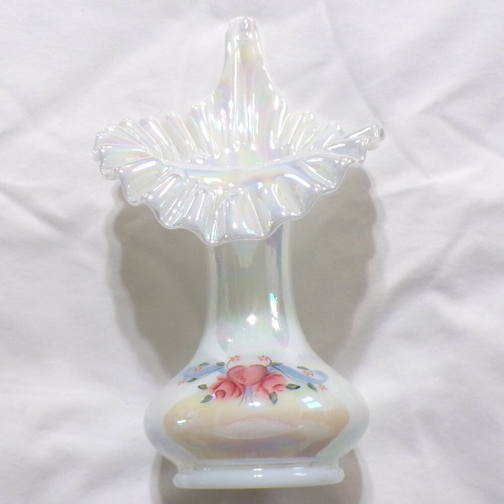 Vintage Fenton White Iridescent Jack in the Pulpit Tulip Vase Handpainted Signed